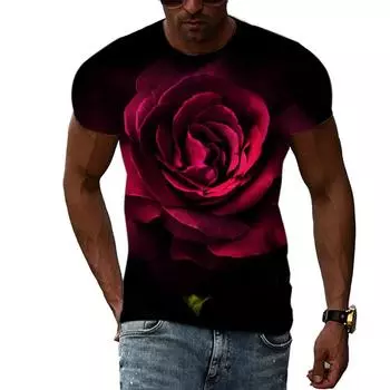 Летняя мода, тренд, цветы, розы, графика, мужские футболки, повседневная футболка с 3D-принтом, хип-хоп, Харадзюку, индивидуальный круглый вырез, короткий рукав S