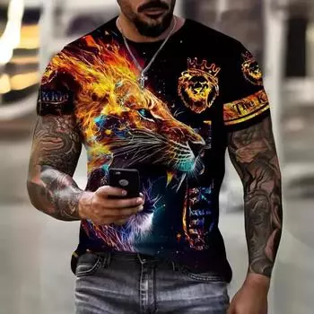 Летняя Мода Уличный Крутой С Коротким Рукавом 3D Цифровая Печать Градиент Лев Мужская Футболка Свободная Повседневная Уличная Хип-хоп Футболка S