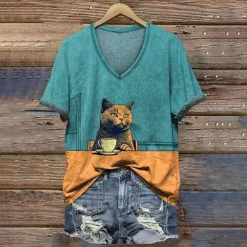 Летняя мода V-образный вырез женские футболки с принтом кота смешные короткие рукава футболка повседневная свободная дизайнерская женская одежда футболки топы S