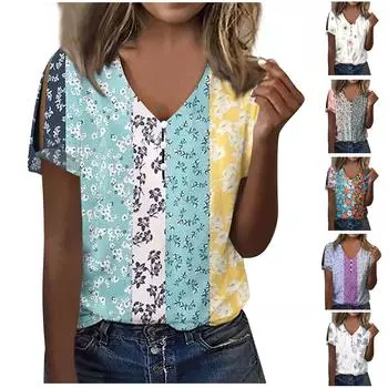 Летняя мода V-образным вырезом с принтом полые футболки с короткими рукавами и пуговицами Топ