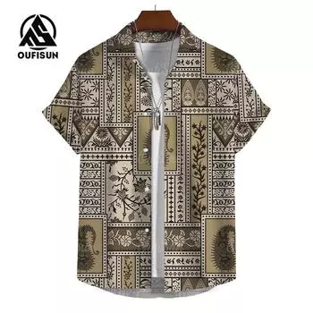 Летняя мода в стиле бохо с принтом в стиле пэчворк, мужские повседневные рубашки с коротким рукавом, рубашки свободного покроя для отпуска и путешествий M