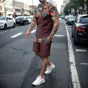 Летняя мода в стиле ретро, новинка, шорты с 3D принтом, комплект с круглым вырезом и короткими рукавами, комбинированный повседневный индивидуальный комплект из двух предметов 4XL