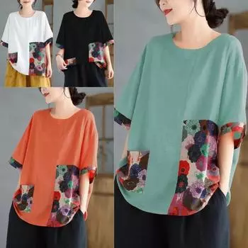 Летняя мода в стиле ретро, свободный крой, большие размеры, с короткими рукавами и круглым вырезом, лоскутная женская футболка с контрастным принтом, топы M белый