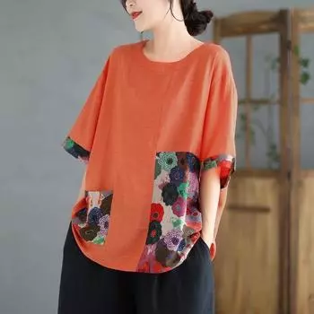 Летняя мода в стиле ретро, свободный крой, большие размеры, с короткими рукавами и круглым вырезом, лоскутная женская футболка с контрастным принтом, топы XXXL оранжевый