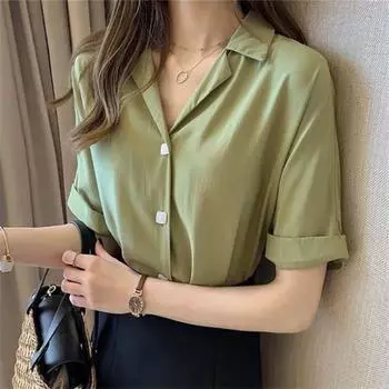 Летняя мода в западном стиле белая рубашка женская с короткими рукавами дизайн женская нишевая верхняя свободная рубашка в корейском стиле тренд M зелёный