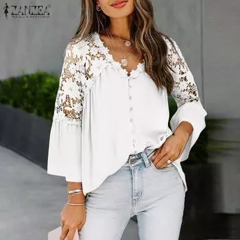 Летняя мода выдалбливают кружево сплайсинг блузка рубашки женские повседневные футболки с v-образным вырезом рукав 3/4 топы ZANZEA