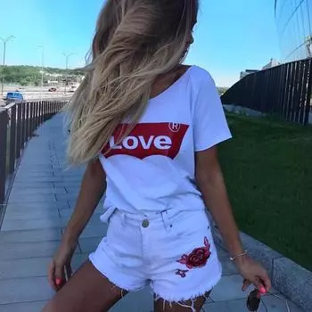 Летняя мода женская повседневная хлопковая блузка с коротким рукавом Love Shirt T-shirt Блузка Топы S белый