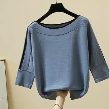 Летняя мода женская трикотажная однотонная футболка Ice Silk свитер с коротким рукавом свободная женская одежда тонкая XXL чёрный