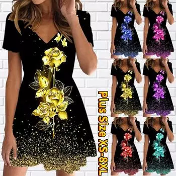 Летняя мода женская V-образным вырезом с коротким рукавом Цветы в цвету Печатное платье Секс Короткая юбка Платья XS синий