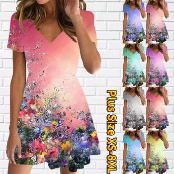 Летняя мода женская V-образным вырезом с коротким рукавом картина маслом цветы платье с принтом секс короткая юбка платья XS синий