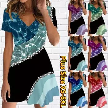 Летняя мода женская V-образным вырезом с коротким рукавом монтажное платье с принтом секс короткая юбка платья XS розовый