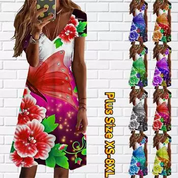 Летняя мода женская V-образным вырезом с коротким рукавом и бабочкой с ромбовидным принтом Секс-платье XS синий