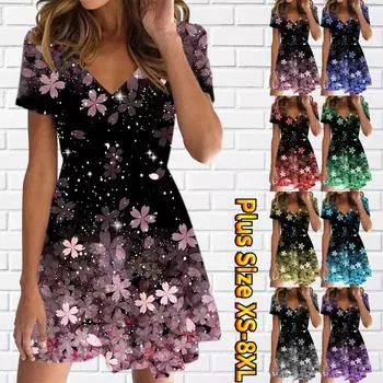 Летняя мода женская V-образным вырезом с коротким рукавом Красивое платье с цветком вишни с принтом Секс Короткие платья-юбки XS розовый