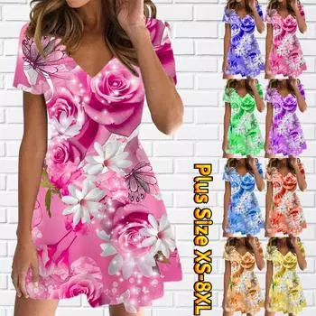 Летняя мода женская V-образным вырезом с коротким рукавом розовые цветы с принтом платье секс короткая юбка платья XS синий