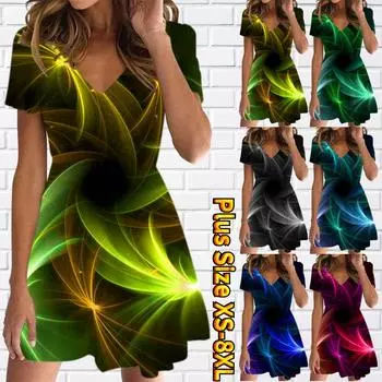 Летняя мода женская V-образным вырезом с коротким рукавом желтое легкое платье с принтом секс-короткая юбка платья XS жёлтый