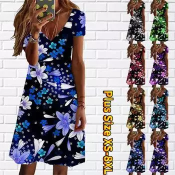 Летняя мода женская V-образным вырезом с коротким рукавом Элегантное платье с цветочным принтом лилии Секс-платье XS белый