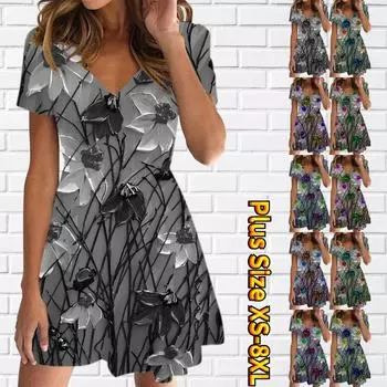 Летняя мода женская V-образным вырезом с коротким рукавом картина маслом цветы платье с принтом секс короткая юбка платья 7XL чёрный