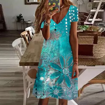 Летняя мода женская V-образным вырезом с коротким рукавомКрасное платье с принтом хризантем Секс-платье XS красный