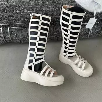 Летняя мода женские босоножки на танкетке с открытым носком, тонким ремешком, заклепками, молнией, высокой толстой подошвой, повседневная обувь 35