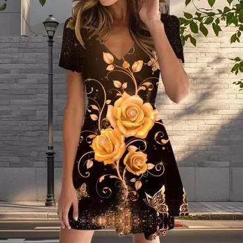 Летняя мода женские V-образный вырез короткий рукав изящные цветы принтованные платья сексуальные короткие юбки платья XS красный