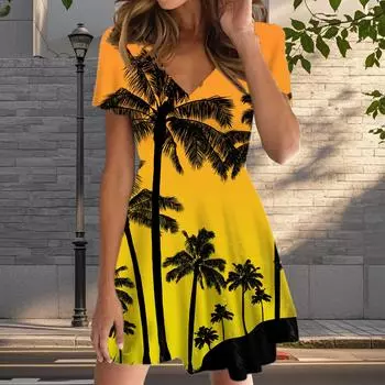 Летняя мода женские V-образный вырез короткий рукав пляжное платье с принтом сексуальные короткие юбки платья XS зелёный