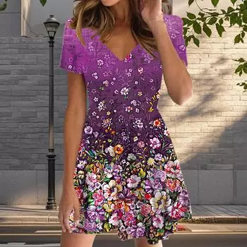 Летняя мода женские V-образный вырез короткий рукав красивые цветы принтованные платья сексуальные короткие юбки платья XS розовый