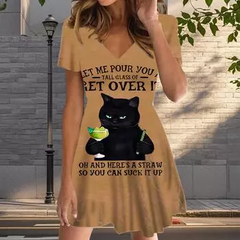 Летняя мода женские V-образный вырез короткий рукав черный котенок принтованное платье сексуальные короткие юбки платья XS розовый