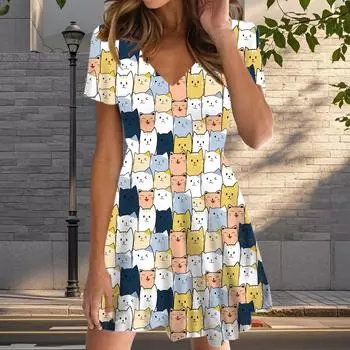 Летняя мода женские V-образный вырез короткий рукав кошачий узор печатных платьев сексуальные короткие юбки платья XS синий