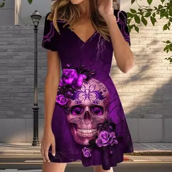 Летняя мода женские V-образный вырез короткий рукав скелет принтованное платье сексуальные короткие юбки платья XS синий