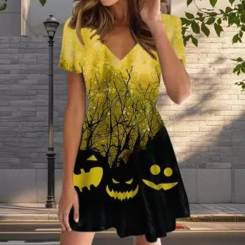 Летняя мода женские V-образный вырез короткий рукав Хэллоуин принтованное платье сексуальные короткие юбки платья XS синий