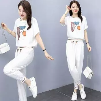 Летняя мода женский спортивный костюм из ледяного шелка свободный молодежный утягивающий комплект из двух предметов модная повседневная одежда M