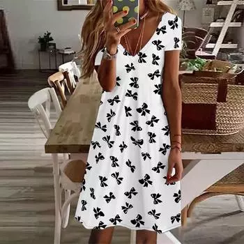 Летняя мода женское платье с V-образным вырезом и коротким рукавом черное платье с принтом бабочек сексуальное платье XS чёрный