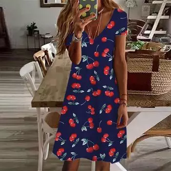 Летняя мода женское платье с V-образным вырезом и коротким рукавом с принтом красной вишни сексуальное платье XS красный