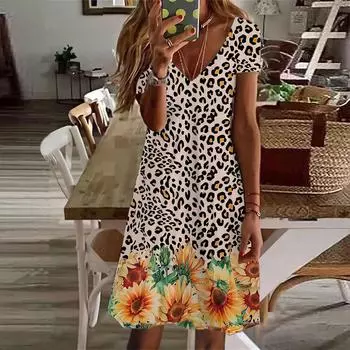 Летняя мода женское платье с V-образным вырезом и коротким рукавом с принтом леопарда и подсолнуха сексуальное платье XS коричневый