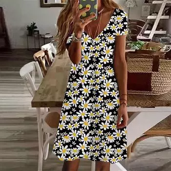 Летняя мода женское платье с V-образным вырезом и коротким рукавом черное платье с принтом маргариток сексуальное платье XS чёрный