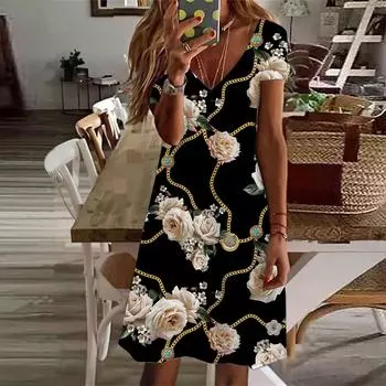 Летняя мода женское платье с V-образным вырезом и коротким рукавом с принтом роз и цепочкой сексуальное платье XS белый