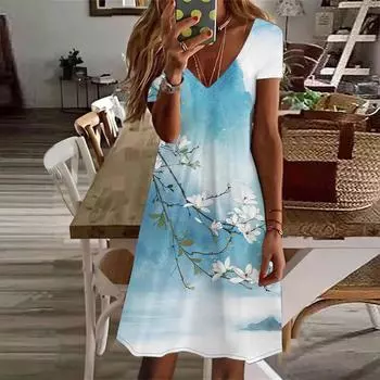 Летняя мода женское платье с V-образным вырезом и коротким рукавом, синее платье с принтом груши и цветка, сексуальное платье XS фиолетовый