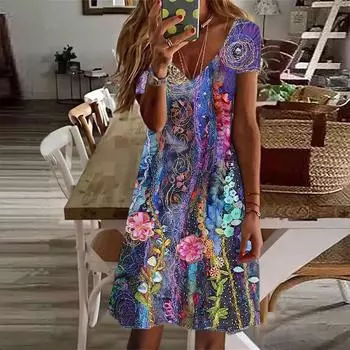 Летняя мода женское платье с V-образным вырезом и коротким рукавом фиолетовое сверкающее цветочное платье с принтом сексуальное платье XS фиолетовый
