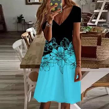 Летняя мода женское платье с V-образным вырезом и коротким рукавом, синее персиковое платье с принтом, сексуальное платье XS красный