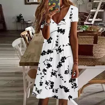 Летняя мода женское платье с V-образным вырезом и коротким рукавом с принтом роз и красных роз Сексуальное платье XS белый