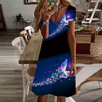 Летняя мода женское платье с V-образным вырезом и коротким рукавом, синее платье с принтом бабочки и кристаллами, сексуальное платье XS фиолетовый