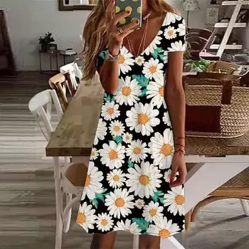 Летняя мода женское платье с V-образным вырезом и коротким рукавом зеленое платье с принтом хризантем сексуальное платье XS белый