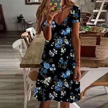 Летняя мода женское платье с V-образным вырезом и коротким рукавом с принтом красных роз сексуальное платье XS темно-синий