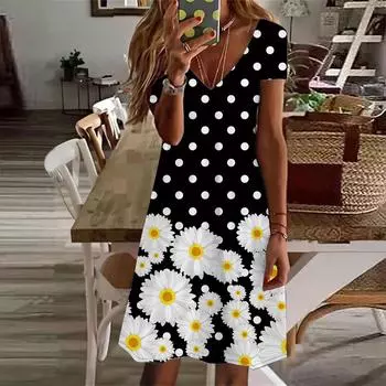 Летняя мода женское платье с V-образным вырезом и коротким рукавом в горошек с принтом хризантемы сексуальное платье XS чёрный