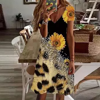 Летняя мода женское платье с V-образным вырезом и коротким рукавом, струящееся, с принтом подсолнухов, сексуальное платье XS синий