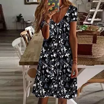 Летняя мода женское платье с V-образным вырезом и коротким рукавом желто-оранжевое с принтом сексуальное платье XS чёрный