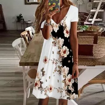 Летняя мода женское платье с V-образным вырезом и коротким рукавом, красное платье с принтом хризантем, сексуальное платье XS белый