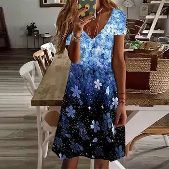Летняя мода женское платье с V-образным вырезом и коротким рукавом, синее платье с цветочным принтом, сексуальное платье XS синий