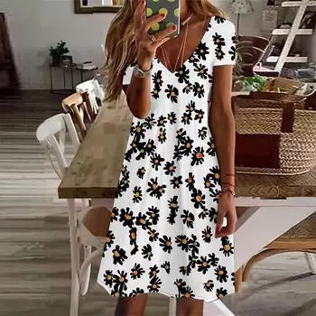 Летняя мода женское платье с V-образным вырезом и коротким рукавом, белое платье с принтом хризантем, сексуальное платье XS белый