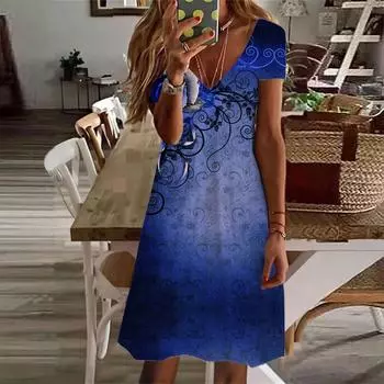 Летняя мода женское платье с V-образным вырезом и коротким рукавом с принтом синей розы сексуальное платье XS фиолетовый